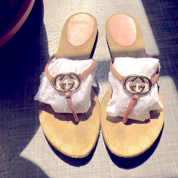 Gucci Shoes - Gucci Monogram and Leather Sandals Double GG Flip Flops
